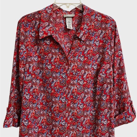 Catherines Button Up Floral Top Women's Size 0X 3/4 Sleeve Red Artsy Boho Office - Picture 2 of 13